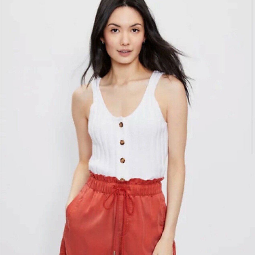 LOFT Sweater Tank Size XS White Ribbed Button Knit Top Sleeveless Casual Cotton